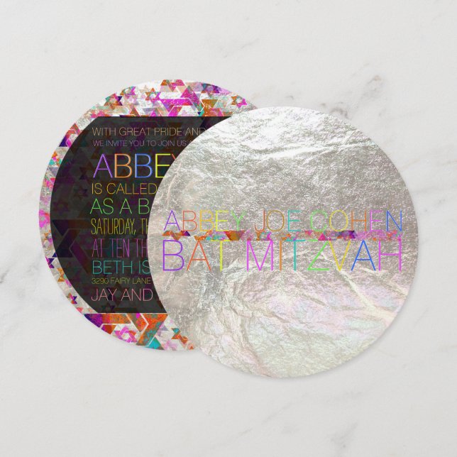 Invitation PixDezines étoiles psychédéliques/néon/bat mitzvah (Devant / Derrière)