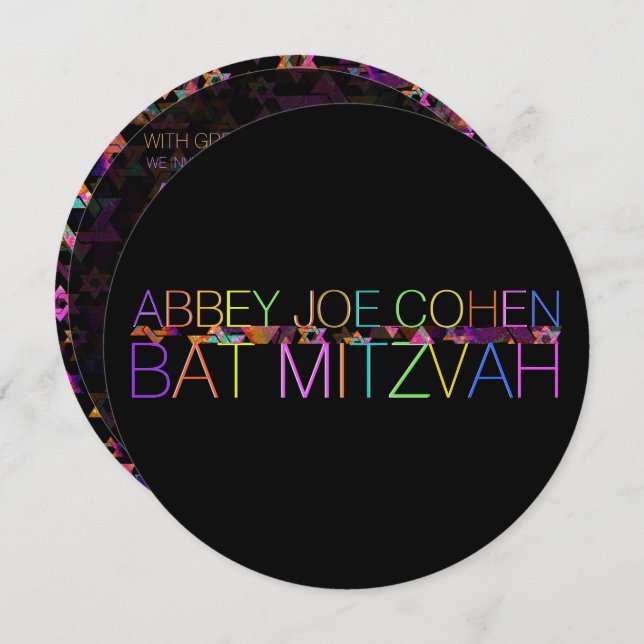 Invitation PixDezines étoiles psychédéliques/néon/bat mitzvah (Devant / Derrière)