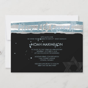 Invitation PixDezines faux argent/bleu/bandes bar mitzvah