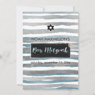 Invitation PixDezines faux argent/bleu/bandes bar mitzvah