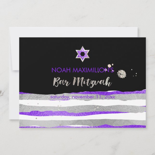 Invitation PixDezines faux argent/violet/rayures bar mitzvah (Devant)