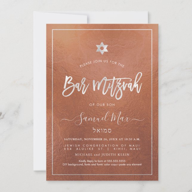 Invitation PixDezines Faux Cuivre+Bat mitzvah Platine (Devant)