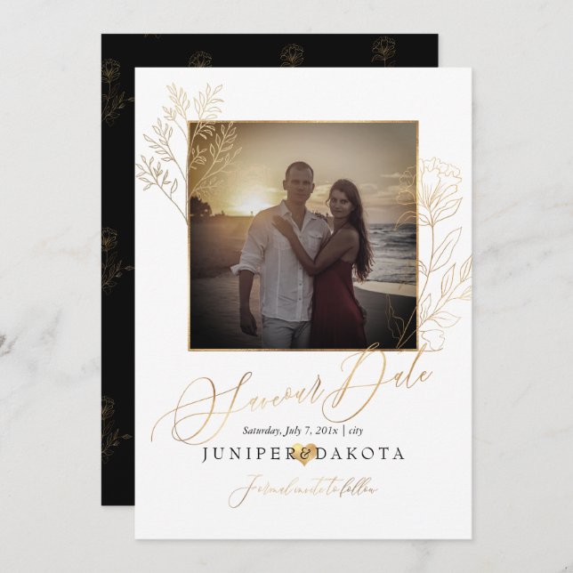 Invitation PixDezines Faux Gold Lisianthus+Delicate Branch (Devant / Derrière)