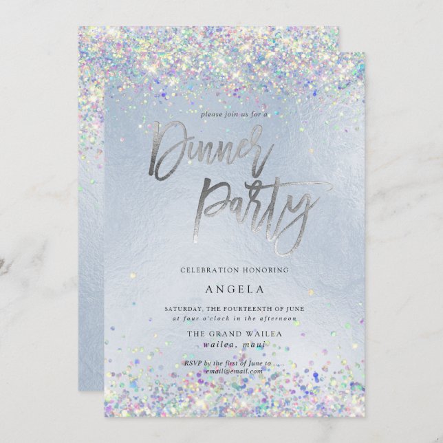 Invitation PixDezines Faux Hologramme Dusty Blue Dinner Party (Devant / Derrière)