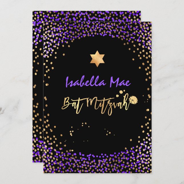 Invitation PixDezines Faux Or+ Violet Confetti Bat Mitzvah (Devant / Derrière)