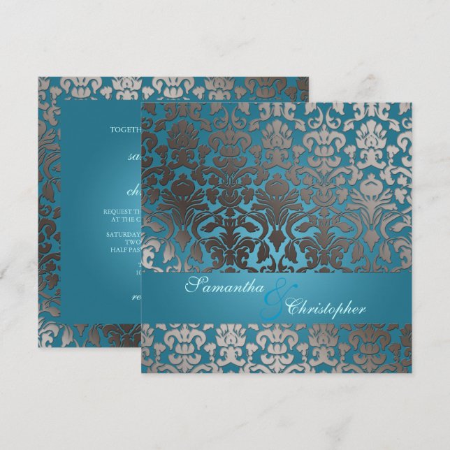Invitation PixDezines faux platine flora damask/turquoise (Devant / Derrière)