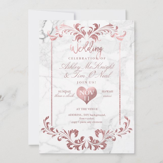 Invitation PixDezines Faux Rose Gold Chandelier / Coeur / Mar (Dos)