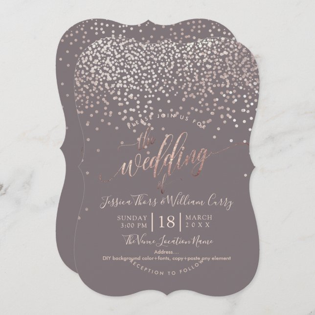 Invitation PixDezines Faux Rose Gold Confetti Mariage+RSVP (Devant / Derrière)