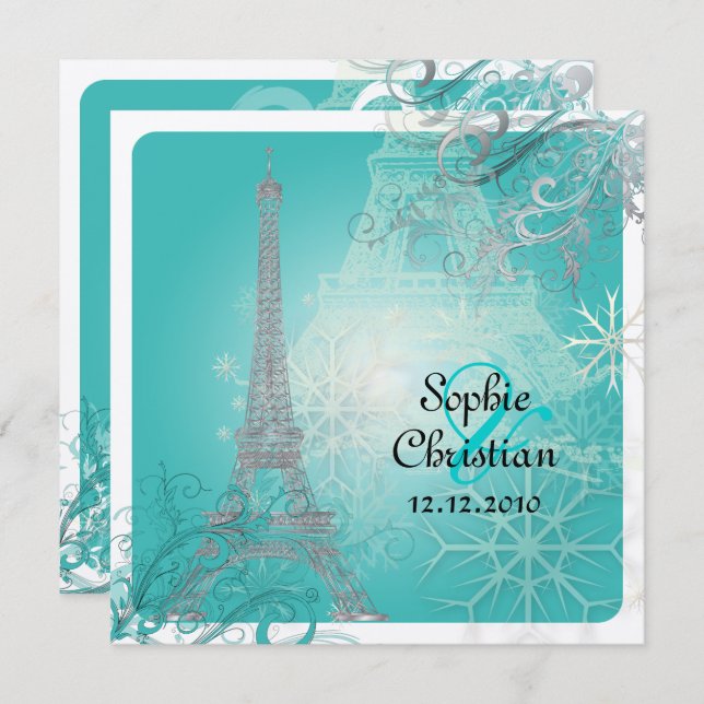 Invitation PixDezines Faux Silver Eiffel/Turquoise (Devant / Derrière)