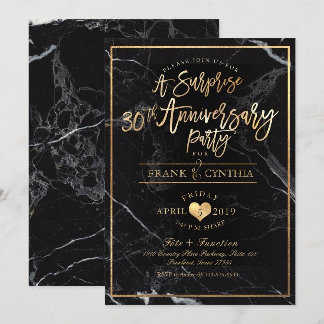 Invitation PixDezines Fête d'anniversaire Marbre/Faux Or (Devant / Derrière)