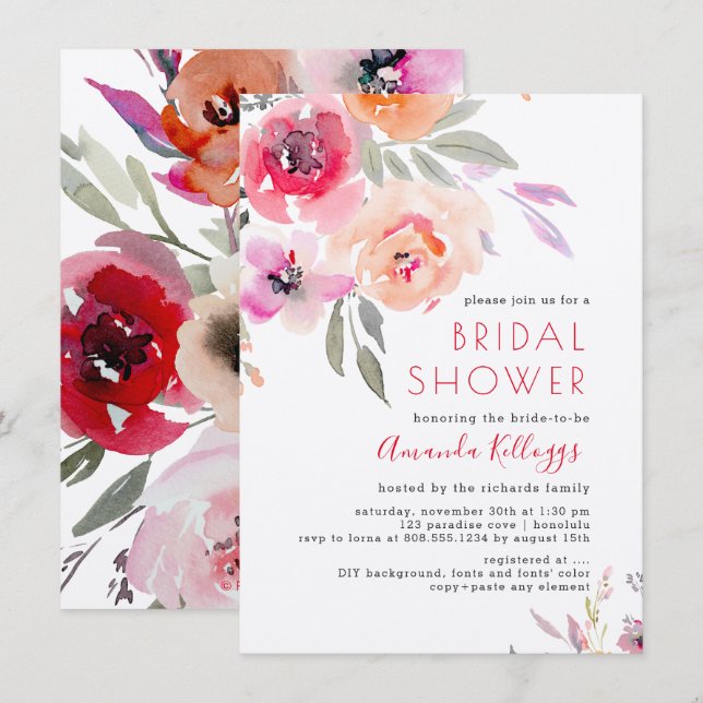 Invitation PixDezines Fête de l'mariée Aquarelle Florale d'ét (Devant / Derrière)