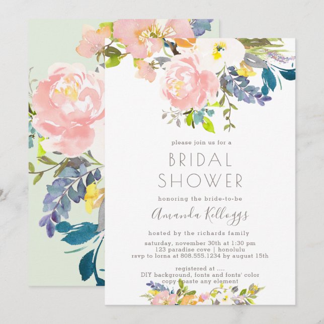 Invitation PixDezines Fête de l'mariée Pastel Aquarelles (Devant / Derrière)