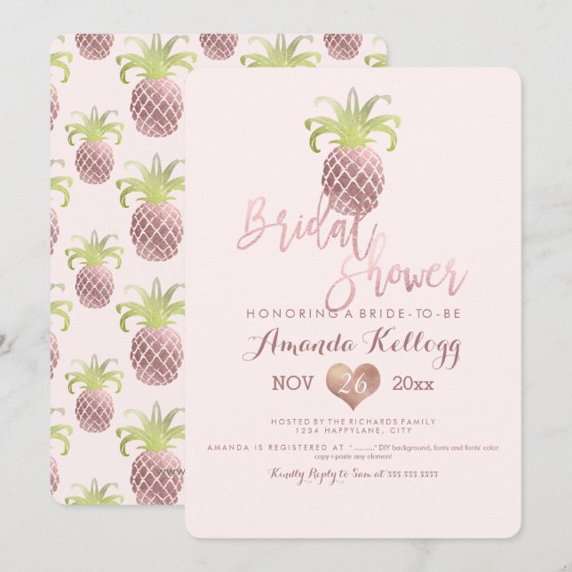 Invitation PixDezines Fête de l'mariée/Rose Gold/Ananas (Devant / Derrière)
