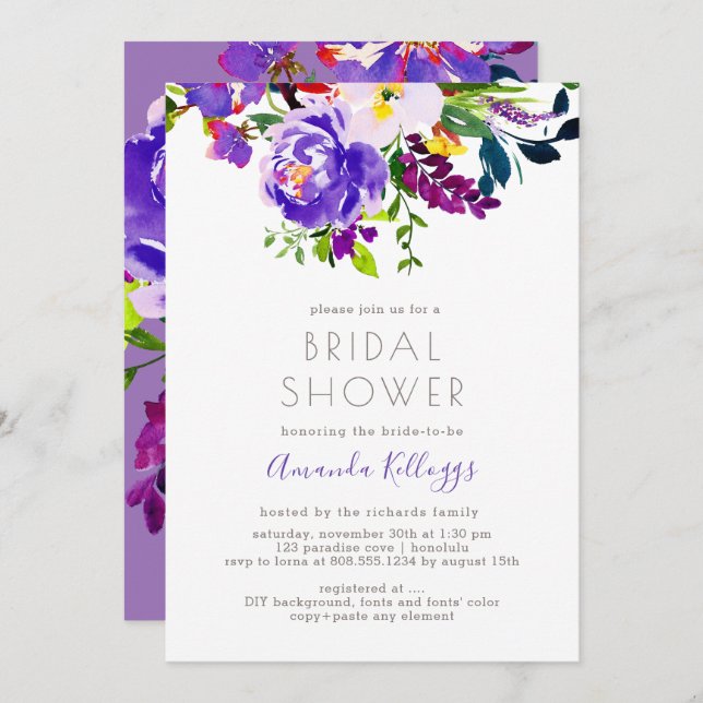 Invitation PixDezines Fête des mariées aquarelle florale, vio (Devant / Derrière)