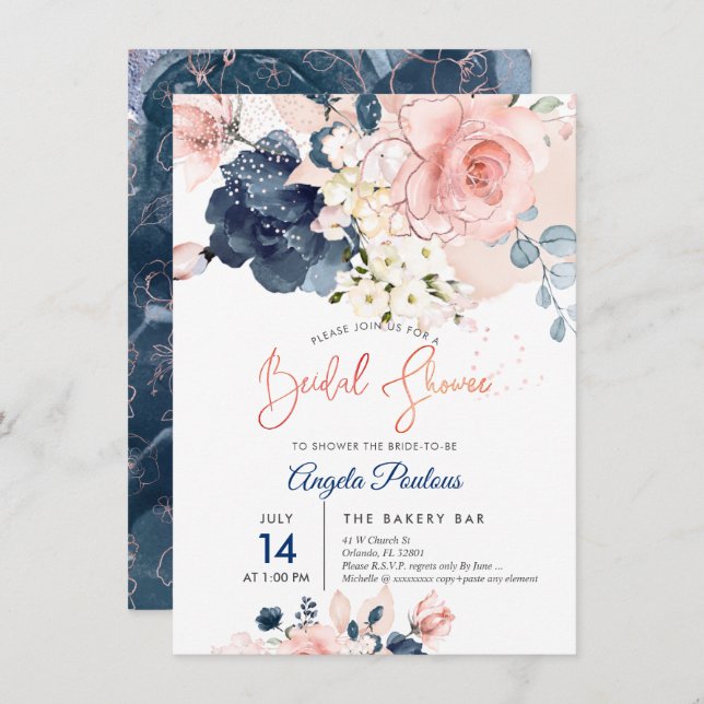 Invitation PixDezines Fête des mariées Navy Blush H2 fleurs (Devant / Derrière)