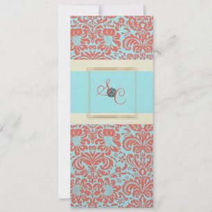 Invitation PixDezines Fidora Blue+Coral Damask Vintage