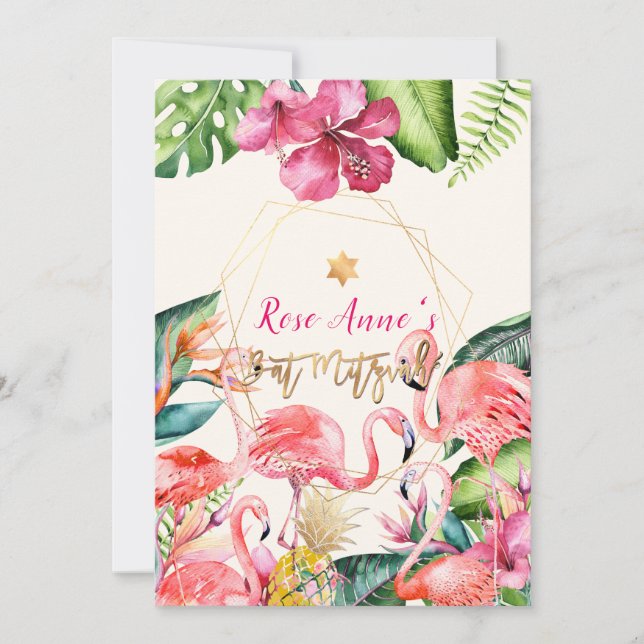 Invitation PixDezines Flamant Rose Tropical Bat Mitzvah (Devant)