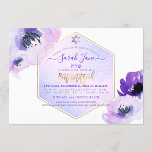Invitation PixDezines Fleurs aquarelles, Bar Mitzvah Violet