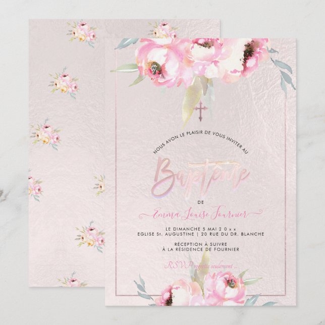 Invitation PixDezines Fleurs aquarelles Peonies Baptême (Devant / Derrière)