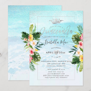 Invitation PixDezines Fleurs tropicales+Plage Quinceanera