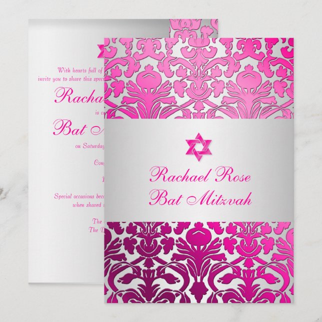 Invitation PixDezines Flora Damask Bat mitzvah/rose/argent (Devant / Derrière)