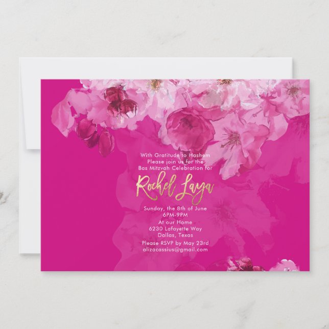 Invitation PixDezines Floral Watercolor Bat mitzvah (Devant)