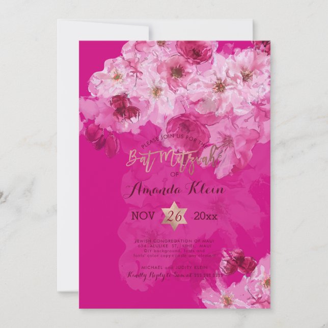 Invitation PixDezines Floral Watercolor Bat mitzvah (Devant)