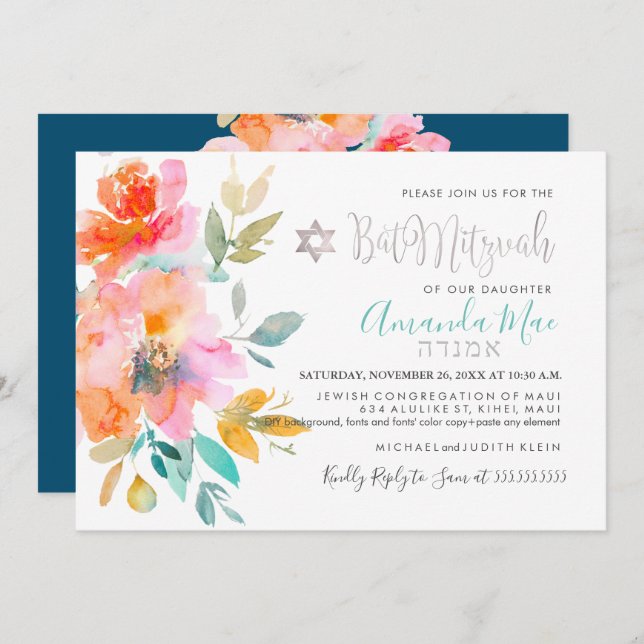 Invitation PixDezines Floral Watercolor Bat mitzvah, Orange (Devant / Derrière)