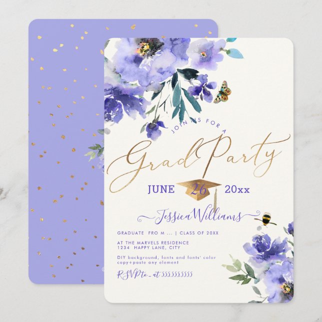Invitation PixDezines Floral Watercolor Graduation Party (Devant / Derrière)