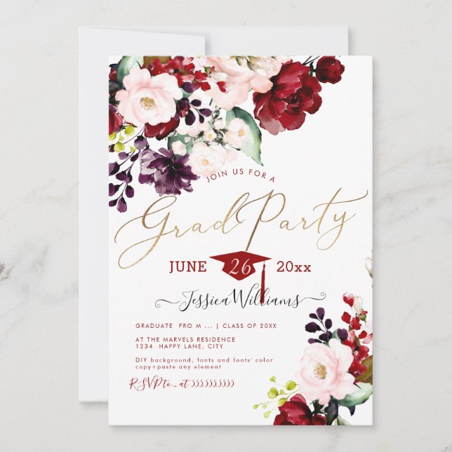 Invitation PixDezines Floral Watercolor Graduation Party Invi (Devant)