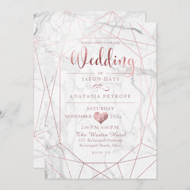Invitation PixDezines Gemstone+Marbre/Faux Rose Gold/Mariage (Devant / Derrière)
