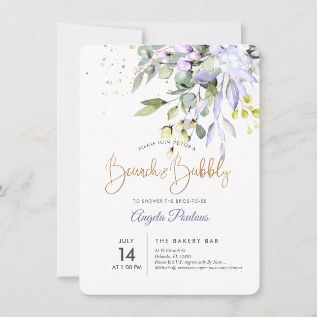 Invitation PixDezines gomme bleue Eucalyptus Brunch+Bubbly (Devant)