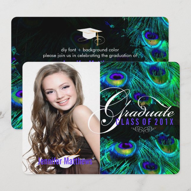 Invitation PixDezines graduation de plumes de paon/photo (Devant / Derrière)