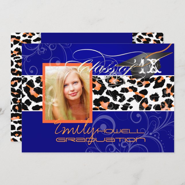 Invitation PixDezines Graduation Orange Leopard/DO-IT-YOURSEL (Devant / Derrière)