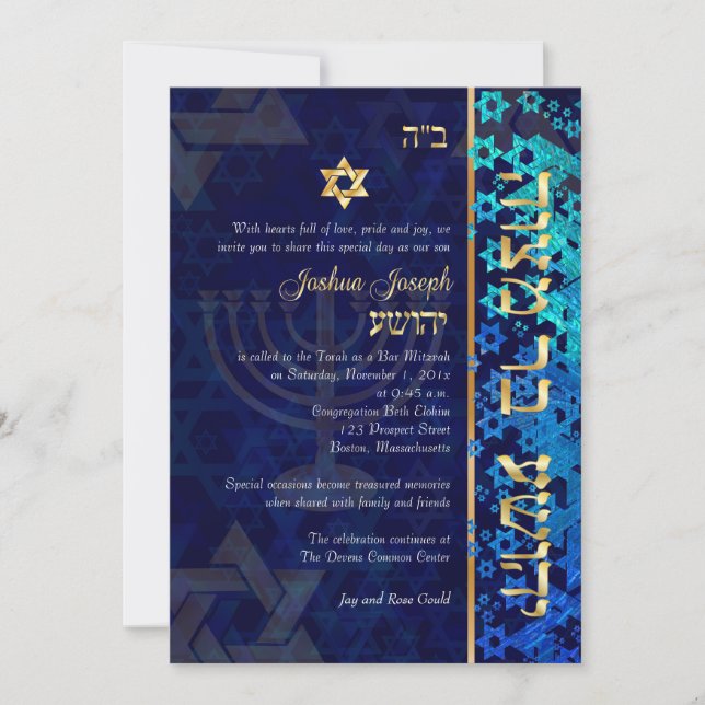 Invitation PixDezines grunge stars/Bar Mitzvah/bleu foncé/or (Devant)