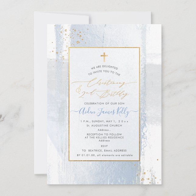 Invitation PixDezines H2 Bleu Christening+2e Anniversaire Inv (Devant)