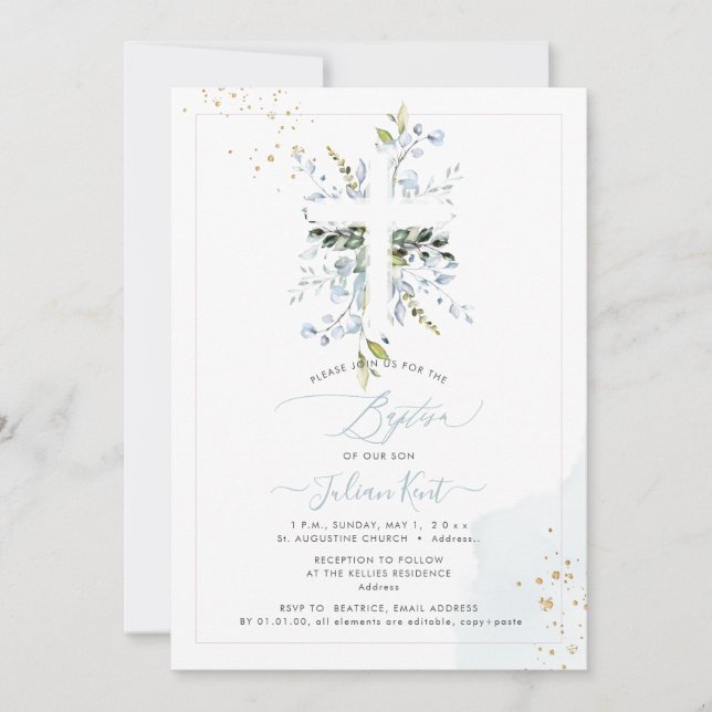 Invitation PixDezines H2 Bleu Poussiéreux Eucalyptus Baptême (Devant)