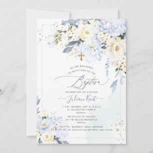 Invitation PixDezines H2 Bleus Hortensias Roses Crème Baptême