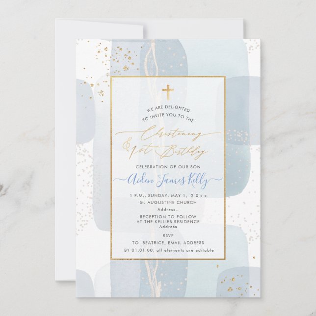 Invitation PixDezines H2 Blue Christening + 1st Birthday (Devant)