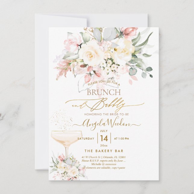 Invitation PixDezines H2 Blush Alabaster Roses Brunch Bubbly (Devant)