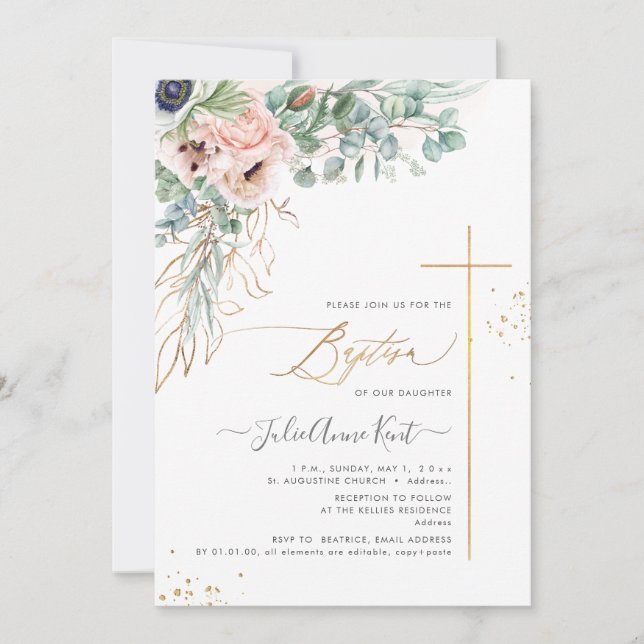 Invitation PixDezines H2 Blush Anémones Baptême  (Devant)