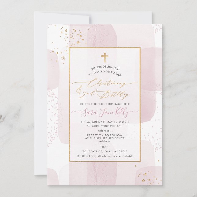 Invitation PixDezines H2 Blush Baptême + 2e Anniversaire (Devant)