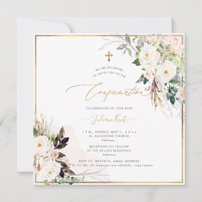 Invitation PixDezines H2 Blush Crème Roses Confirmation (Devant)
