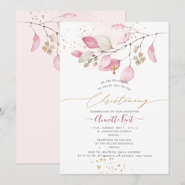 Invitation PixDezines H2 Blush Gum Eucalyptus Baptême (Devant / Derrière)
