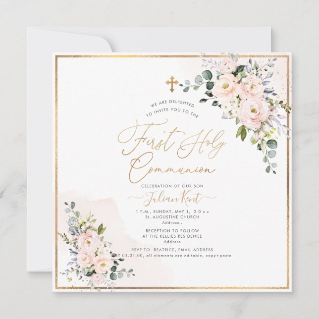 Invitation PixDezines H2 Blush Roses première sainte communio (Devant)
