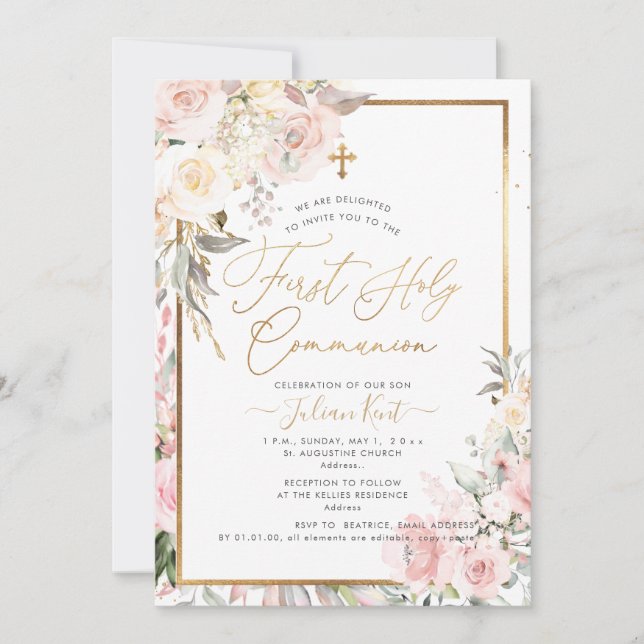 Invitation PixDezines H2 Blush Roses première sainte communio (Devant)