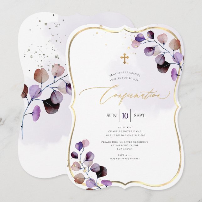 Invitation PixDezines H2 Confirmation Violet Eucalyptus (Devant / Derrière)