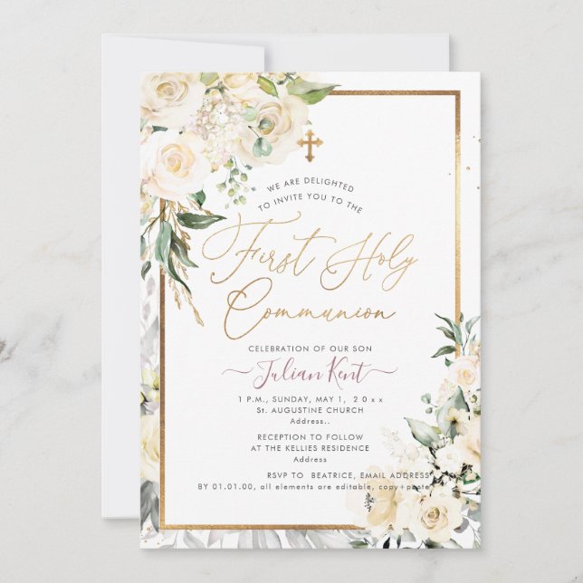 Invitation PixDezines H2 Crème Rose Première Communion Sainte (Devant)