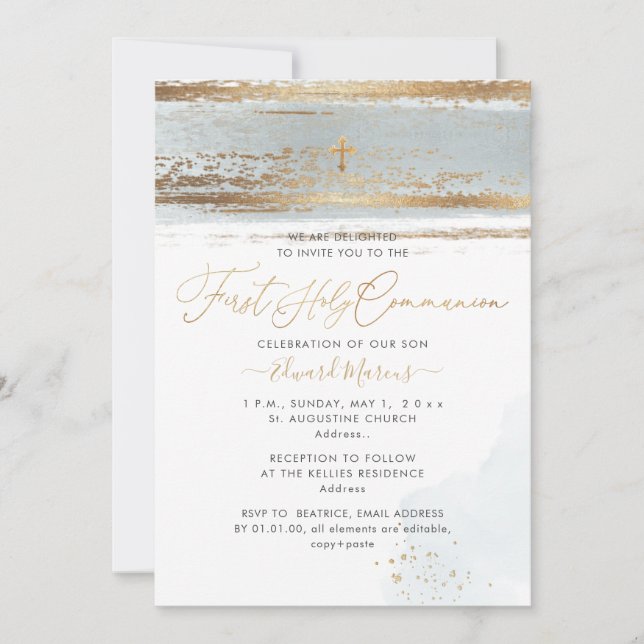 Invitation PixDezines H2 Dusty Blue First Holy Communion (Devant)