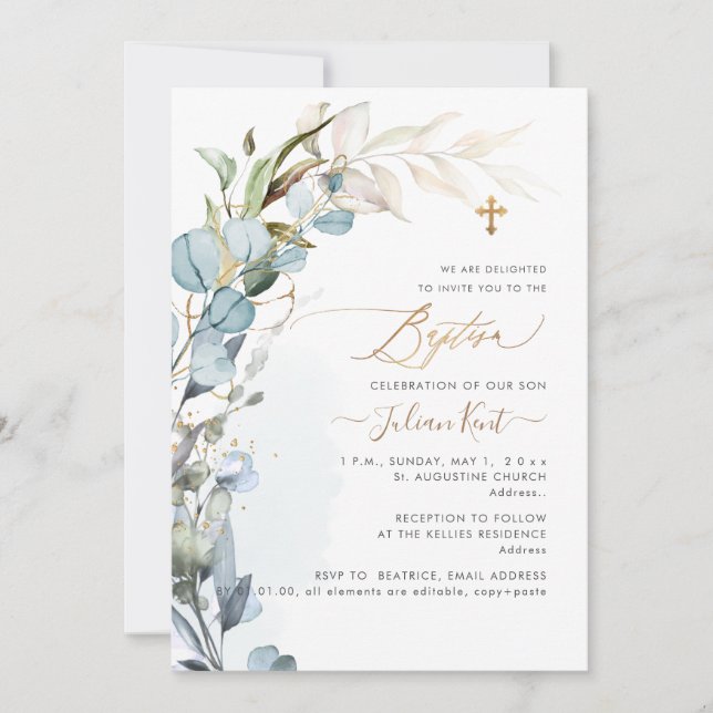 Invitation PixDezines H2 Dusty Blue Gum Foliage Baptême (Devant)